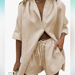*Beige* women’s two piece summer cotton linen button-up top and drawstring short